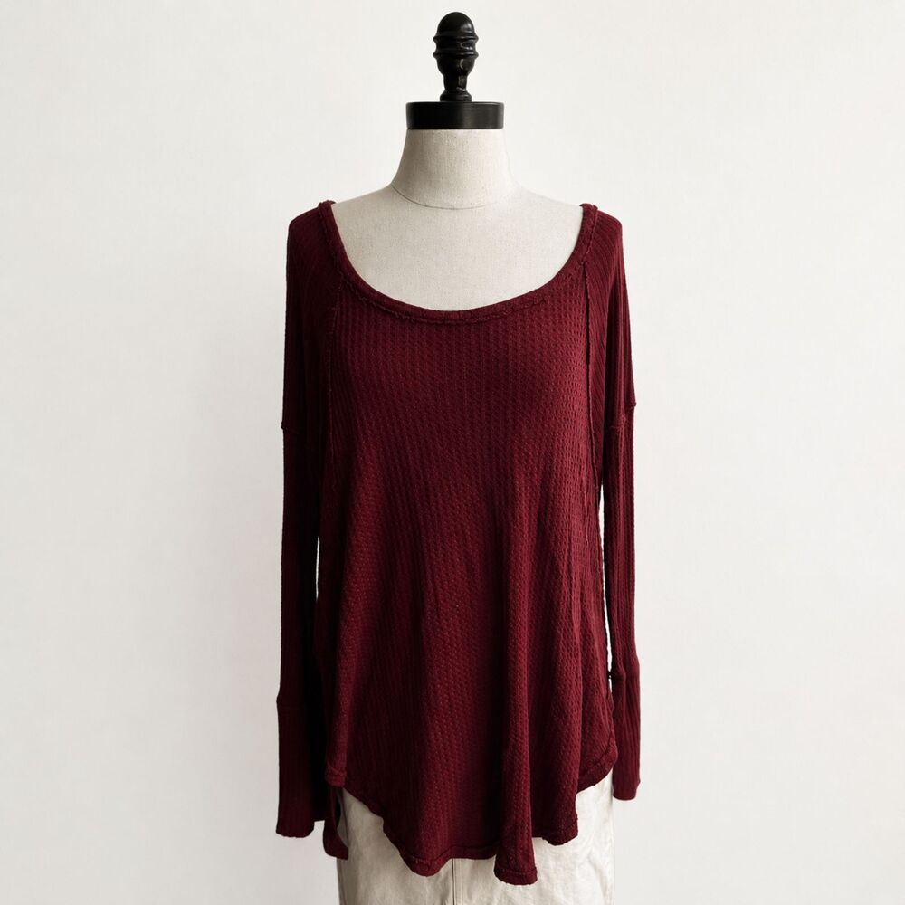We The Free Free People Burgundy Waffle Knit Thermal Top Size Large Oversized